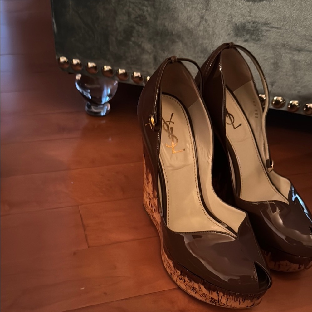 Yves Saint Laurent Brown Wedge Peep-Toe Shoes